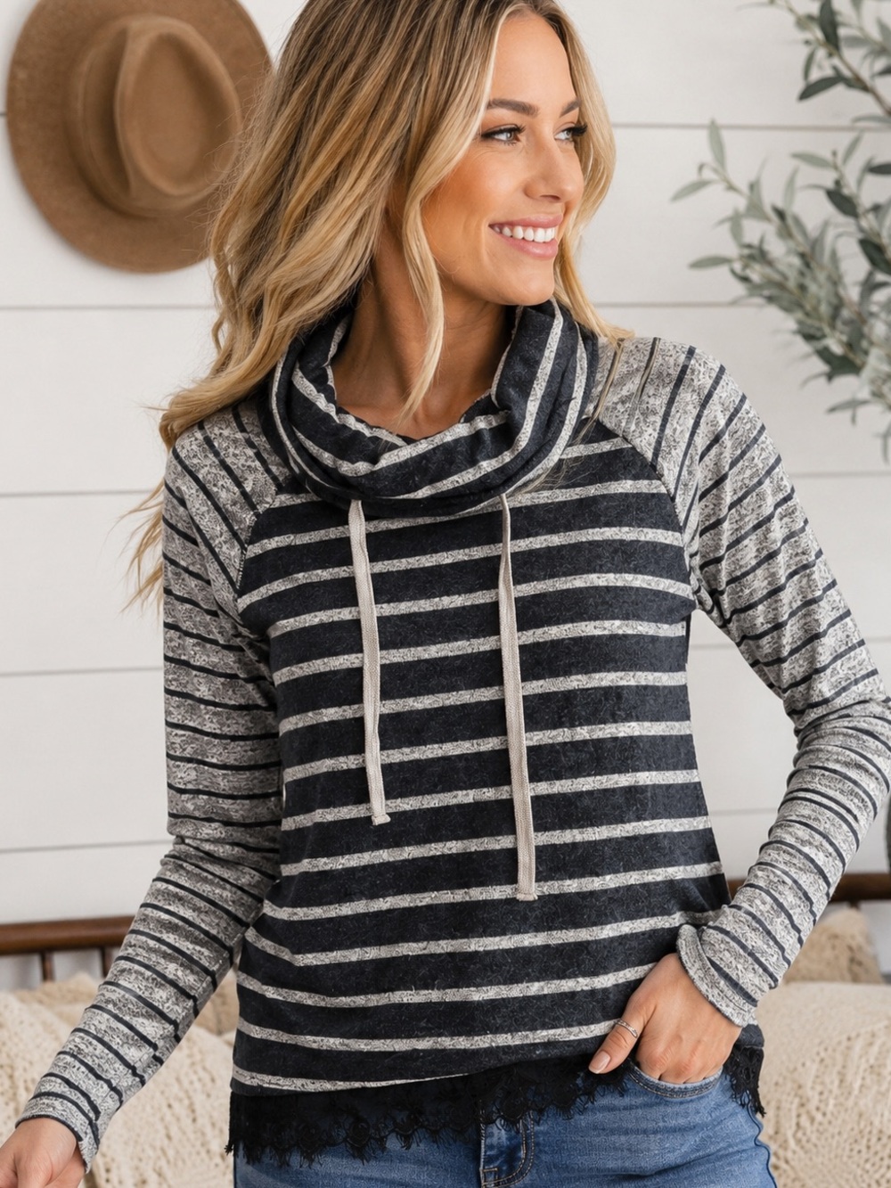 Striped Cowl Neck Pullover Sweater - Navy & Gray